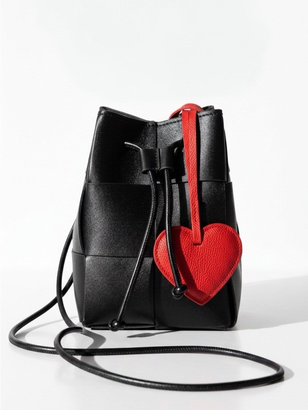 Black Woven Bucket Bag with Red Heart Charm